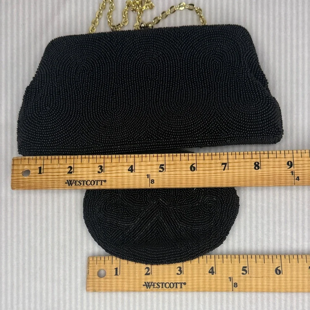 Vintage Black Beaded Kisslock Clutch Handbag and Coin Purse Set Made in Japan